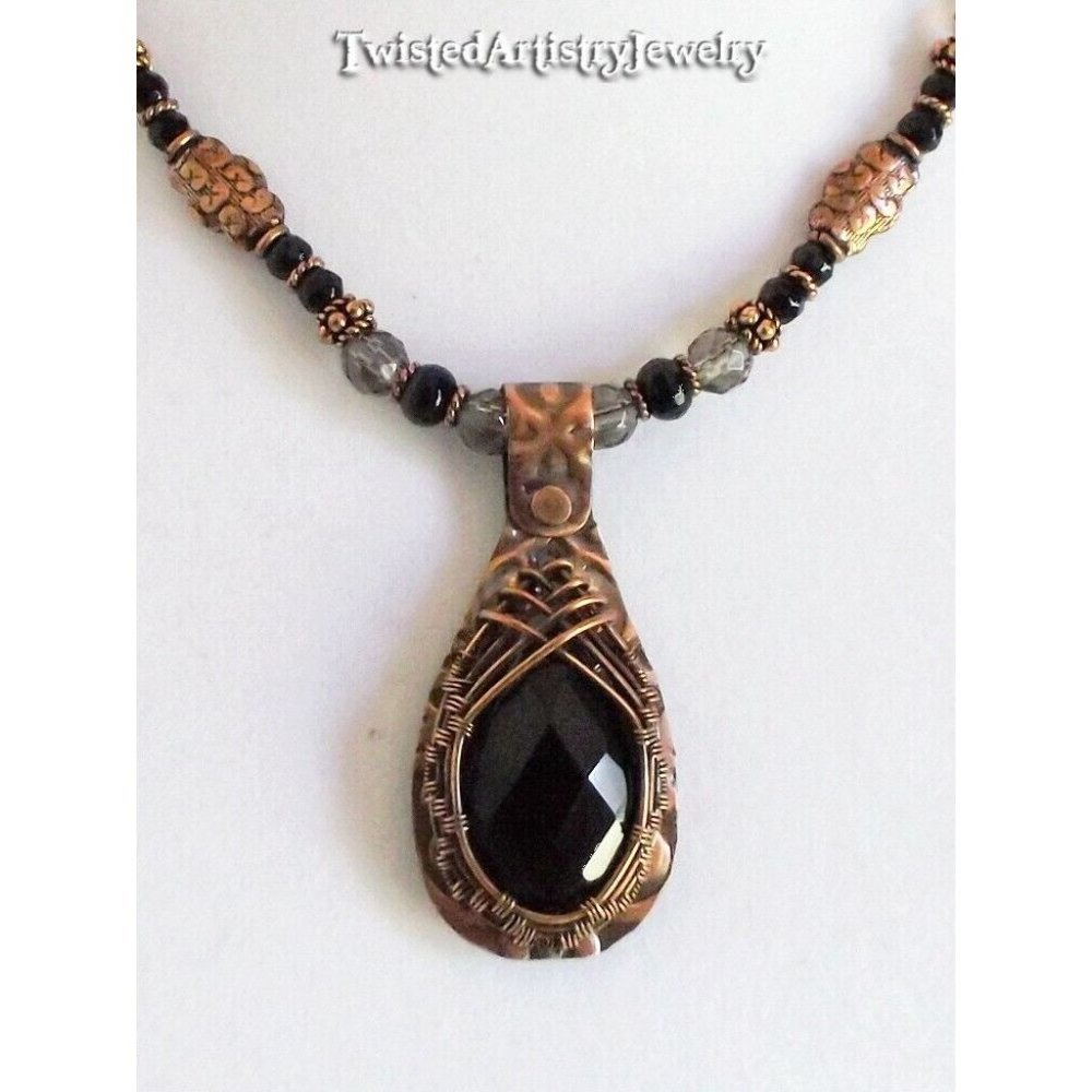 Beaded Necklace with Wire Wrapped Smoky Quartz Embossed Copper Pendant Handmade - Picture 3 of 4